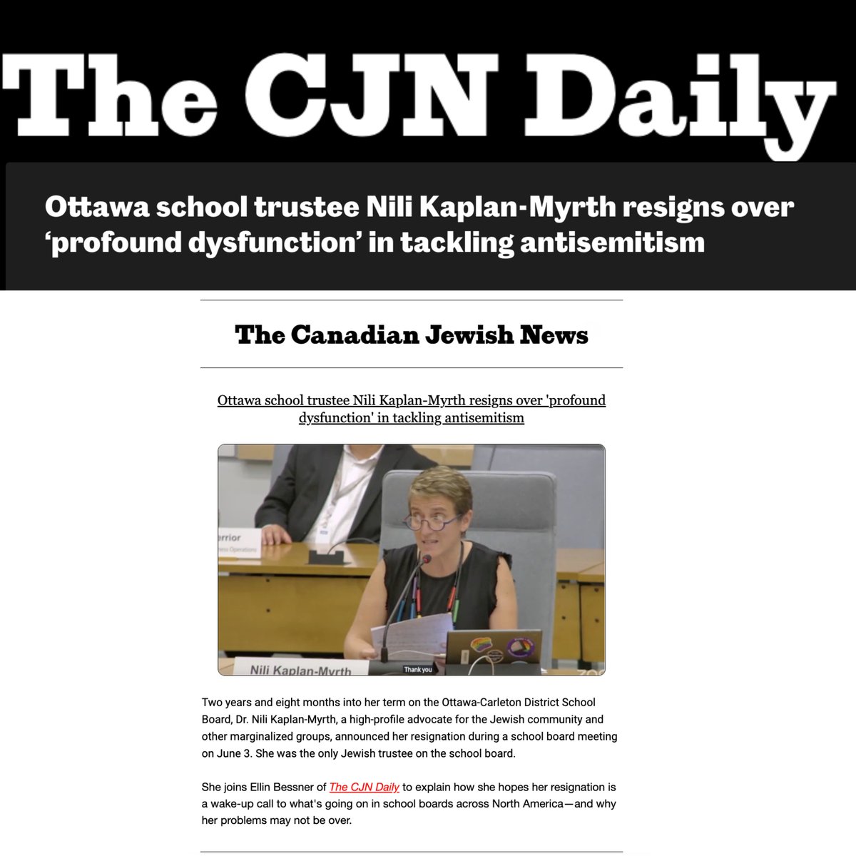 Why recent charges of anti-Palestinian racism ended Ottawa public school trustee Dr. Nili Kaplan-Myrth's nearly 3-year battle to fight "toxic" antisemitism &amp; inequity in the "dysfunctional" <a href="/OCDSB/">OCDSB</a>. Why she suddenly resigned this week. Hear her story on <a href="/TheCJN/">The Canadian Jewish News</a> Daily.