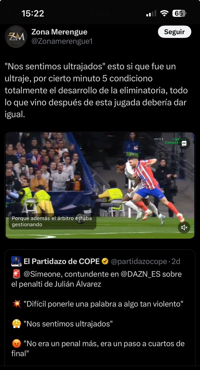 Si no eres del Madrid <a href="/Zonamerengue1/">Zona Merengue</a> no deja que comentes su publicaciones.
Lloran por que fueron ultrajados contra el <a href="/Atleti/">Atlético de Madrid</a> pero se os olvida que conseguisteis ventaja en la eliminatoria por un gol en fuera de juego.