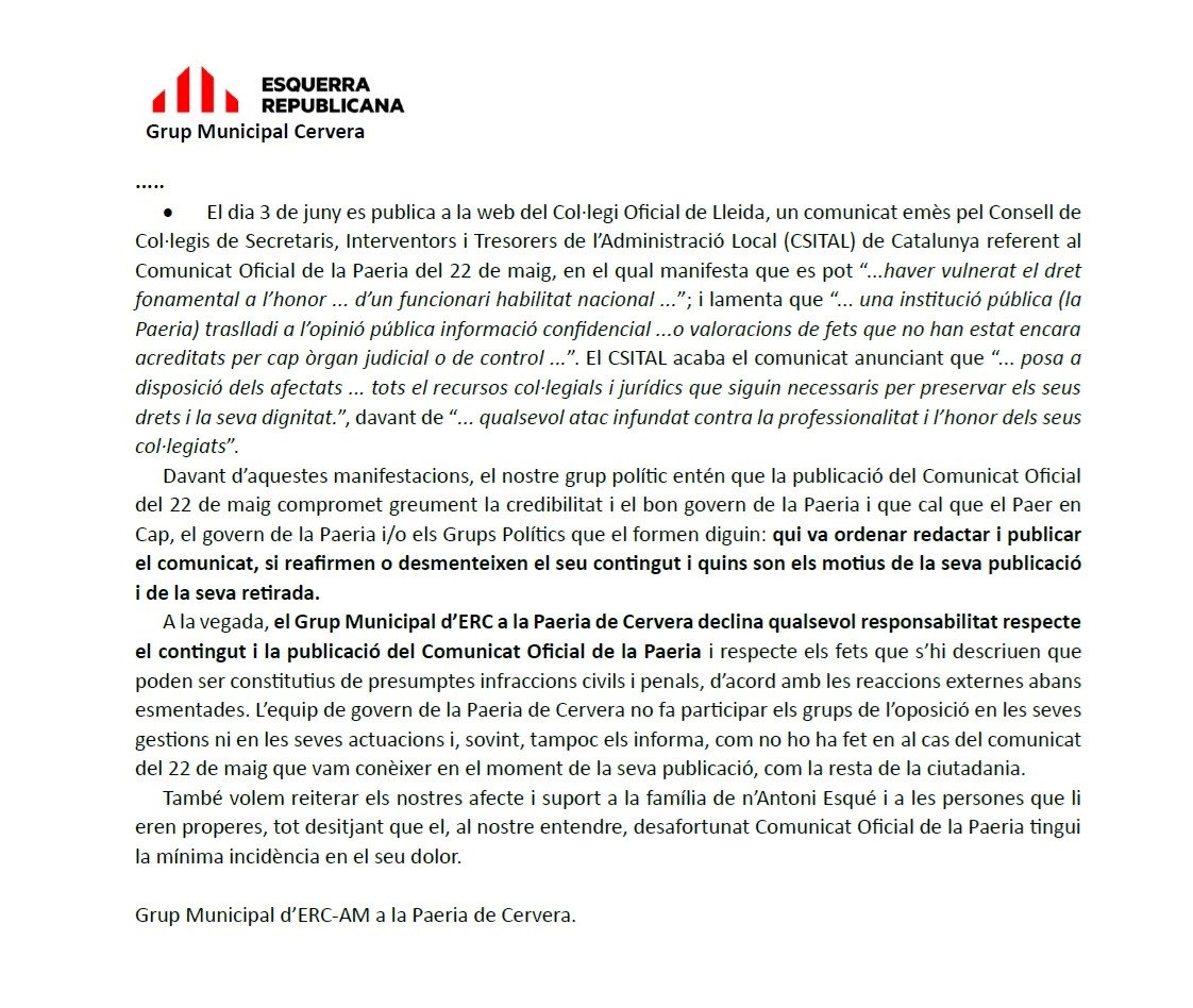 ERC_Cervera's tweet photo. Davant de la publicació del Comunicat Oficial de la Paeria del passat 22 de maig, i després de les reaccions al mateix de l’advocat que s’hi refereix i del CSITAL, des del Grup d’ERC-AM emetem aquest comunicat demanant explicacions públiques a la Paeria de Cervera.

👇 https://t.co/cWmO88KnxK