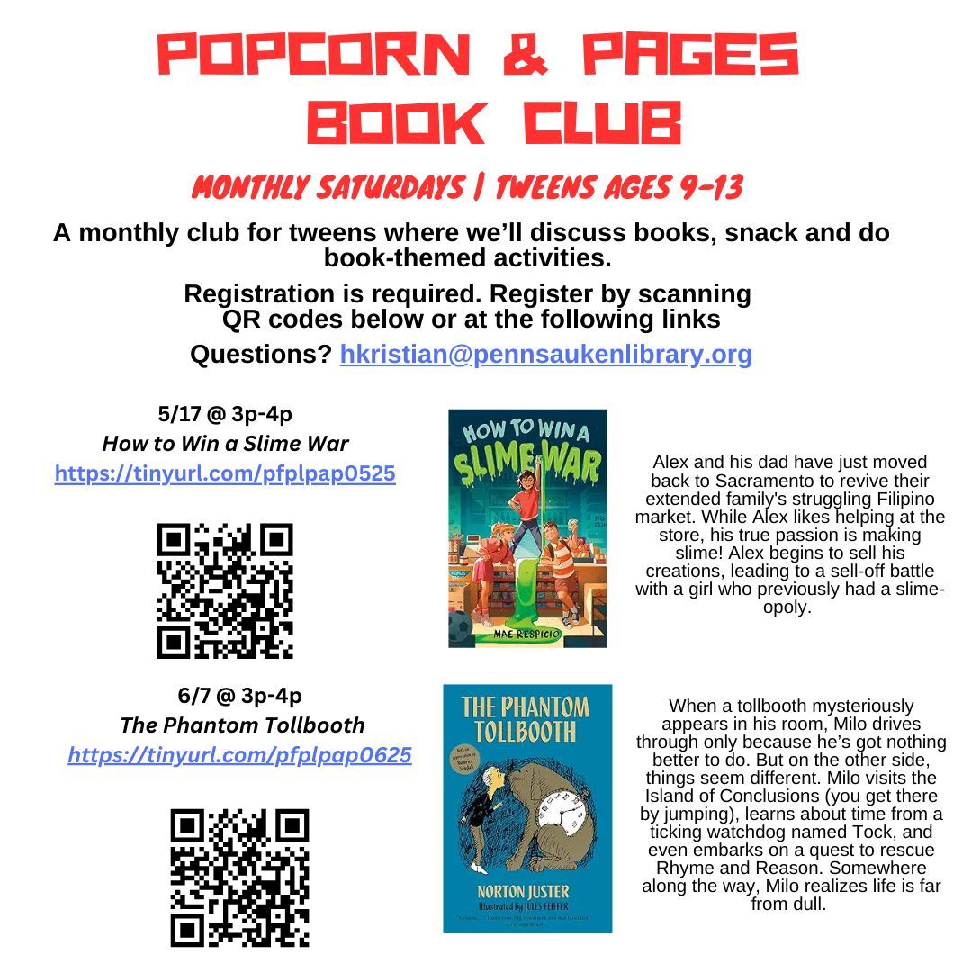 pennsaukenlib's tweet image. Popcorn and Pages is tomorrow, Saturday June 7th at 3pm! We can't wait to discuss The Phantom Tollbooth!
#library #libraryprogramming #bookclub #kidsbookclub