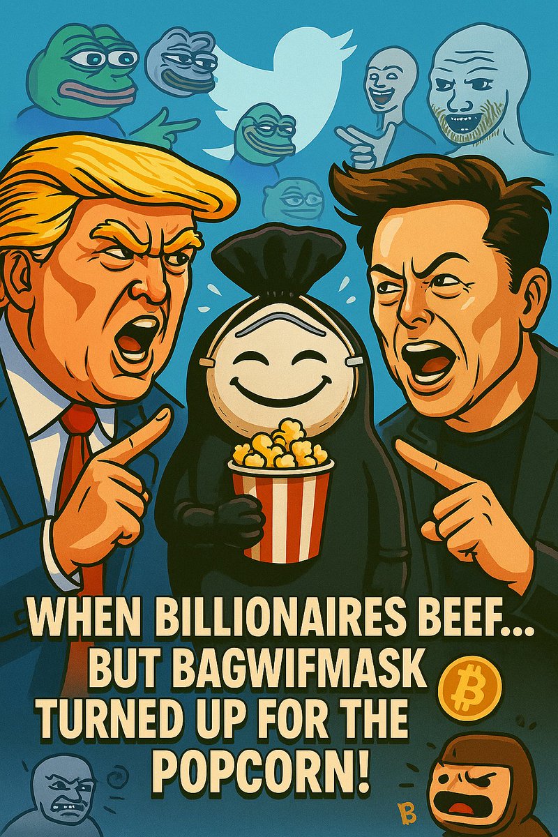 BagWifMask's tweet photo. Elon calling for impeachment.
Trump calling him a fraud.
BagWifMask?
Called the dip, bought snacks, stayed unbothered.
😷🍿
#BAGWM #Solana #CryptoTwitter #DegenCulture #ElonVsTrump https://t.co/MmzYCYBlMe