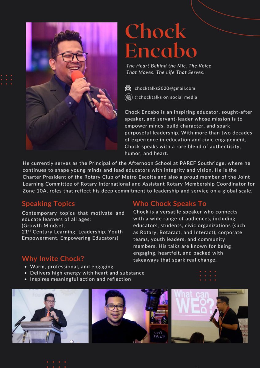 ChockTalks's tweet image. 🎤 I’m Chock Encabo—educator, speaker, &amp;amp; servant-leader.
I speak to students, teachers, leaders &amp;amp; teams to spark change, inspire action, &amp;amp; lead with heart.

Let’s make conversations count.
📩 chocktalks2020@gmail.com
📲 @chocktalks

#Leadership #Speake #Empowerment #GrowthMindset