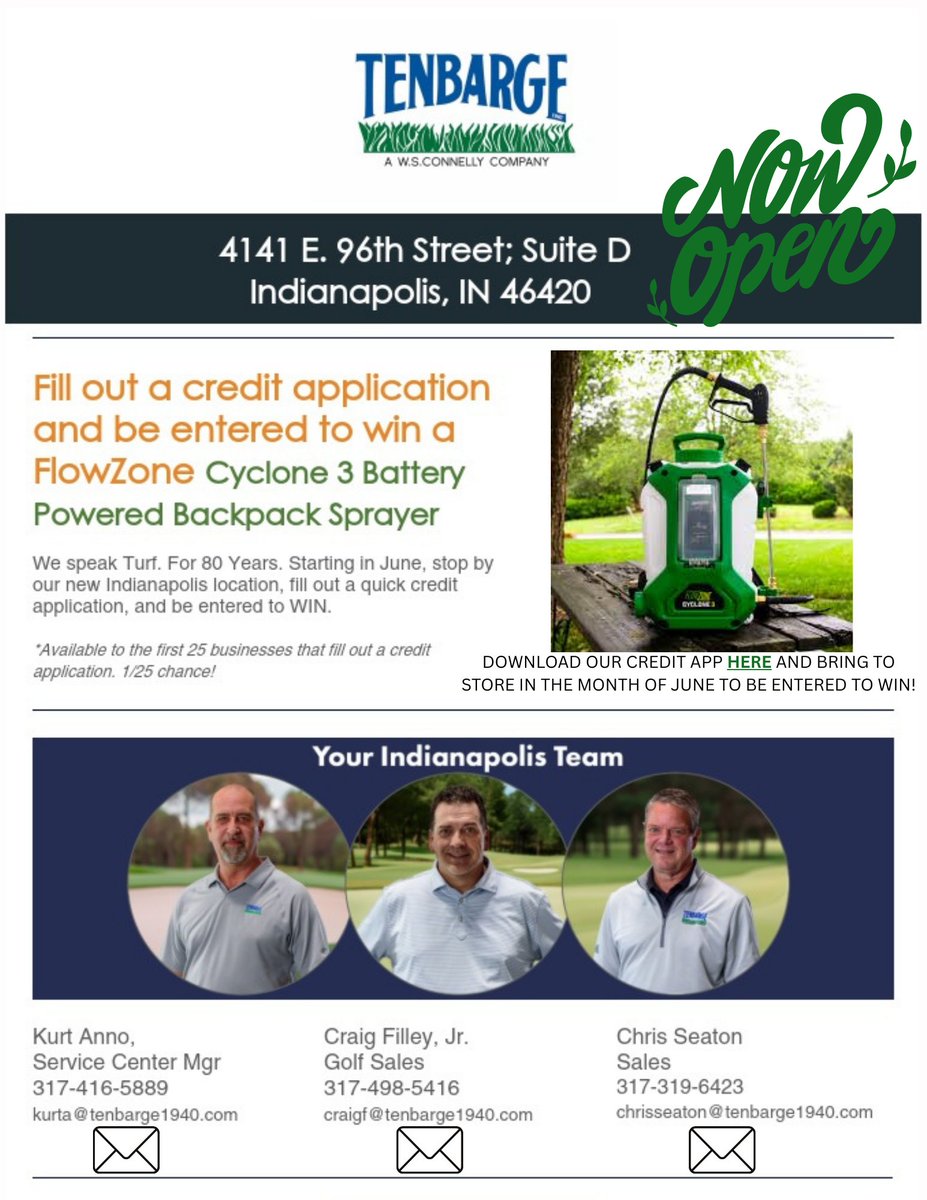 🚨 We’re officially open in Indianapolis! 🚨

Stop by Tenbarge Seed’s new Indy location this June and complete a credit application while you're here and you'll be entered to win a FlowZone backpack sprayer — the perfect tool to keep your turf in top shape this season.
