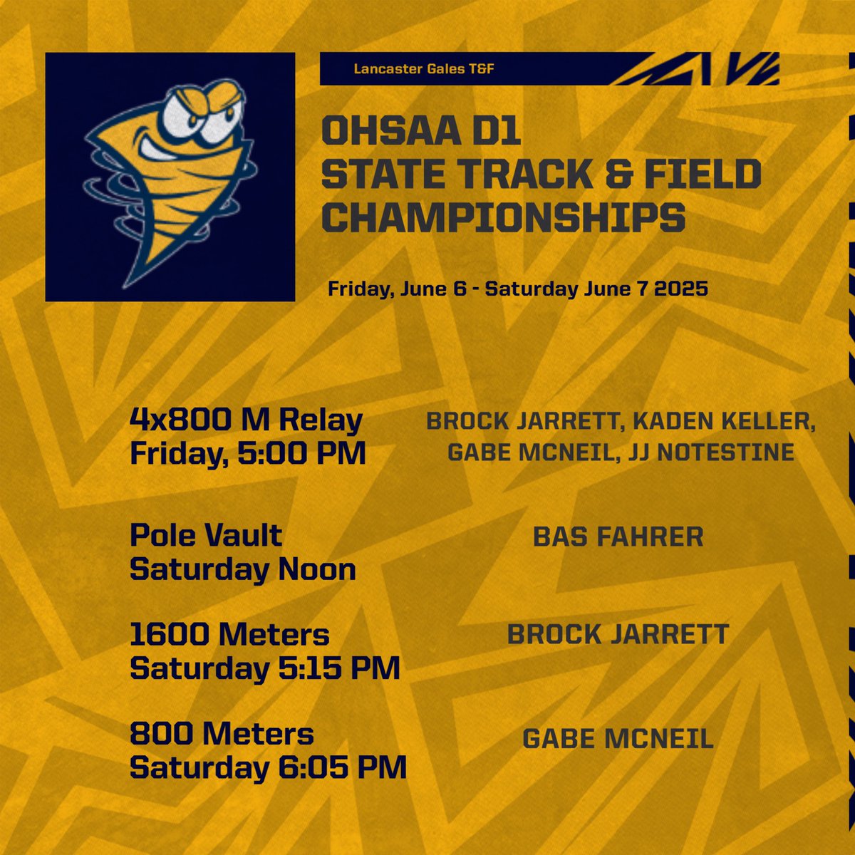 OHSAA Div1 State Championships! 🏆
📆 June 6-7
🏟️ Jesse Owens Memorial Stadium
📍The Ohio State University
Results 🔗 milesplit.live/meets/679881/e…
🌪️Go Gales!🌪️