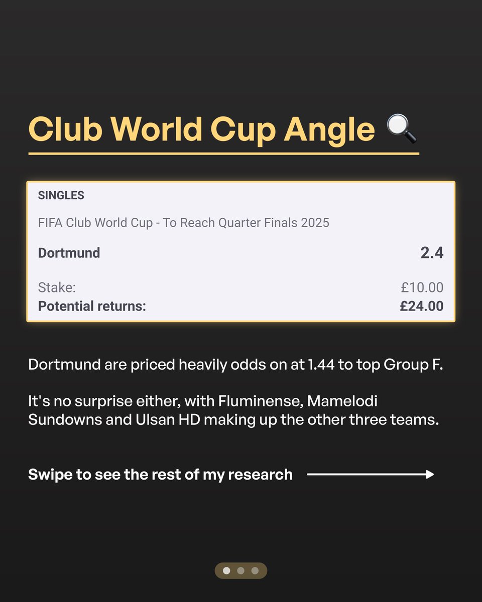 AndyRobsonTips's tweet photo. I've been looking into the Club World Cup and already found an angle I like the look of.

Open up these images and swipe through them to have a read.

🔍 Dortmund are a team to keep an eye on.

18+, gamble responsibly https://t.co/lEC1trcuaO