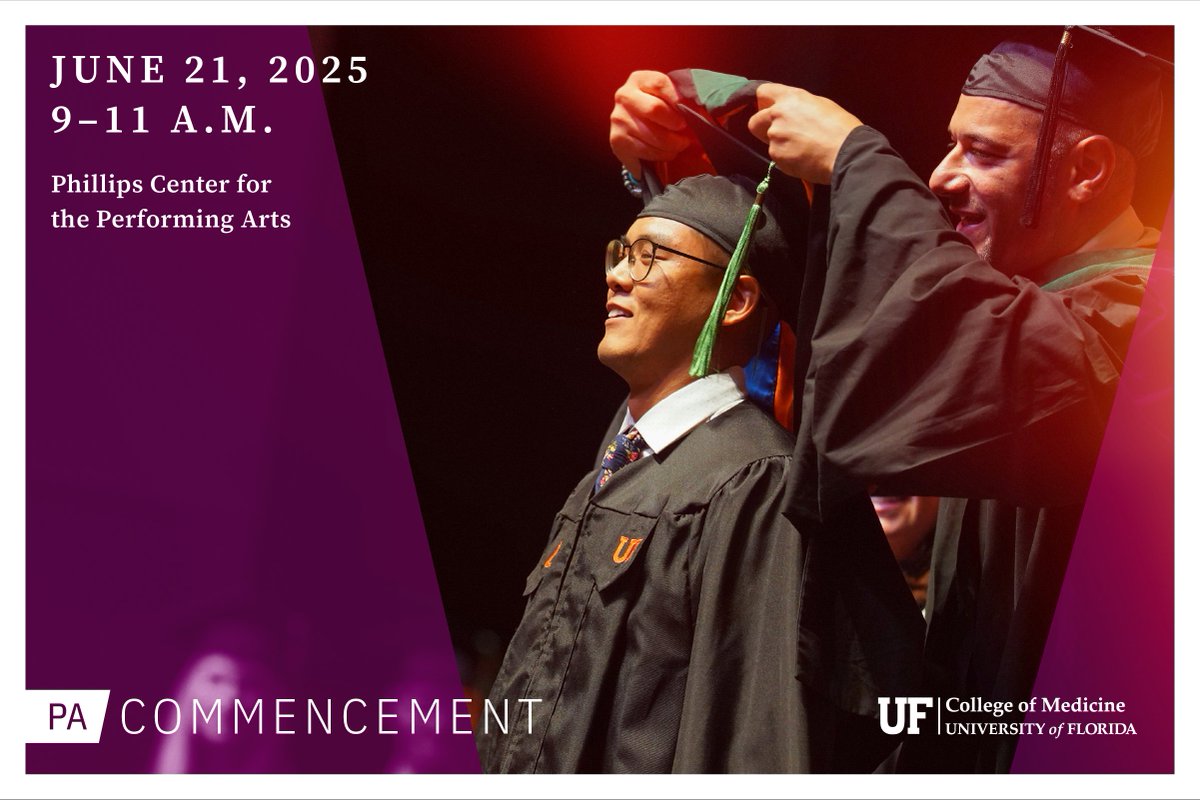 Save the date for #GatorPA commencement!
📅 June 21
🕘 9-11 a.m.
📍 Phillips Center for the Performing Arts
Friends and family who cannot attend in person are invited to join the celebration online at go.ufl.edu/y86eelz.