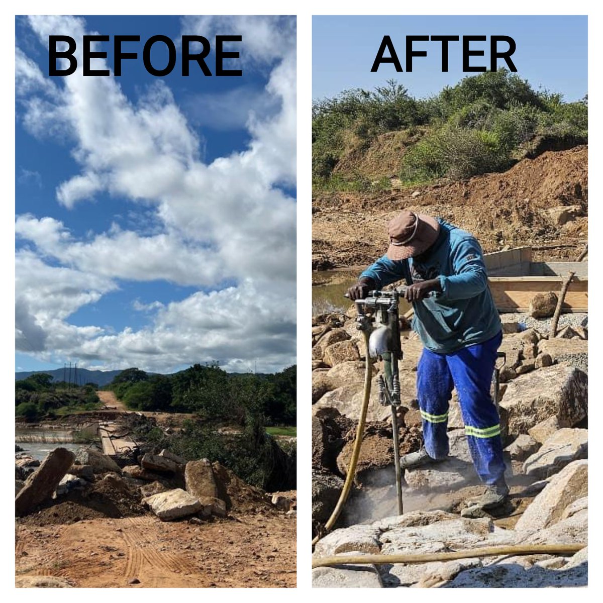 In the spirit of resilience and recovery, #MyNDMA, working closely with the Ministry of Public Works and Transport, is nearing completion of critical works at Tricash. The Mkhondvo Bridge at Masini, along the D5 road, was completely cut off by devastating floods in January 2025.