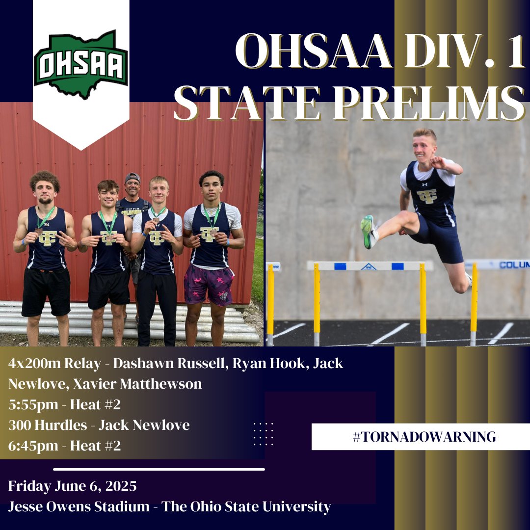 RACEDAY!!
Good Luck to our Boys Track athletes Dashawn Russell, Ryan Hook, Jack Newlove and Xavier Matthewson competing in the State Prelims!
Reminder of our send off today at 1pm in front of Columbian HS. 
Tickets MUST be bought online at ticketmaster.com/ohsaa-track...…
#TornadoWarning