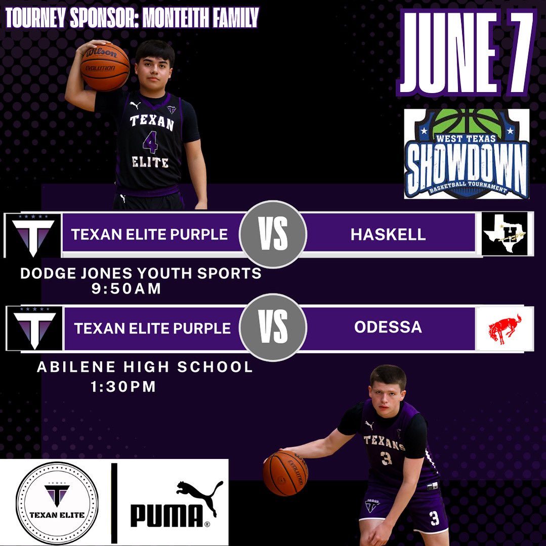 TEXAN ELITE PURPLE heads to the West Texas Showdown this weekend in Abilene! Schedules posted for Saturday. Thank you to the Monteith Family for being our tourney sponsor. GO TEXANS!!