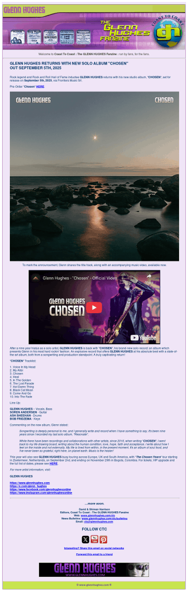 ...in the latest issue of <a href="/ctcfanzine/">Coast To Coast</a> 📀 GLENN HUGHES <a href="/glenn_hughes/">Glenn Hughes</a> Returns With New Solo Album "CHOSEN" Out September 5th, 2025 📀 #GlennHughes #CHOSEN #NewAlbum #NewSingle #NewMusic #Album #PreOrder #Video 🌍 #TheChosenYears #UK #EUROPE #SOUTHAMERICA #Tour 🌎
