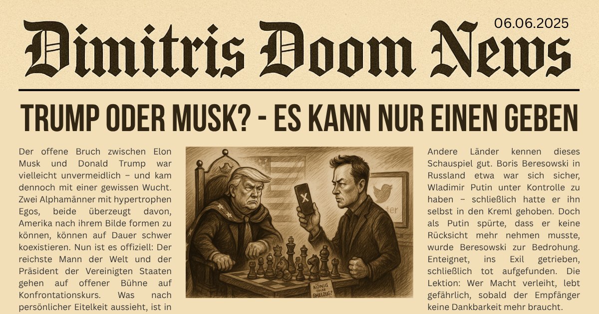 DimitriNabokoff's tweet image. Der offene Bruch zwischen Elon Musk und Donald Trump war vielleicht unvermeidlich – und kam dennoch mit einer gewissen Wucht. Zwei Alphamänner mit hypertrophen Egos, beide überzeugt davon, Amerika nach ihrem Bilde formen zu können, können auf Dauer schwer koexistieren. Nun ist es…