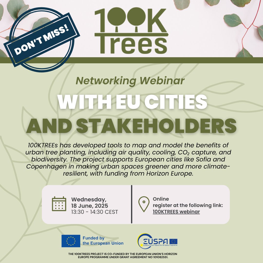 100KTREES (@100ktrees_eu) on Twitter photo 🌳 Where should #trees be planted for the biggest impact?
Don't miss our free #webinar on June 18 (13:30 CEST) to explore a smart tool helping EU cities plan greener, healthier futures.
🔗 Register: shorturl.at/ElpdC
#UrbanForestry #GreenCities #ClimateAction <a href="/EU4Space/">🇪🇺 EUSPA - EU Agency for the Space Programme</a> 🌳 Where should #trees be planted for the biggest impact?
Don't miss our free #webinar on June 18 (13:30 CEST) to explore a smart tool helping EU cities plan greener, healthier futures.
🔗 Register: shorturl.at/ElpdC
#UrbanForestry #GreenCities #ClimateAction <a href="/EU4Space/">🇪🇺 EUSPA - EU Agency for the Space Programme</a>