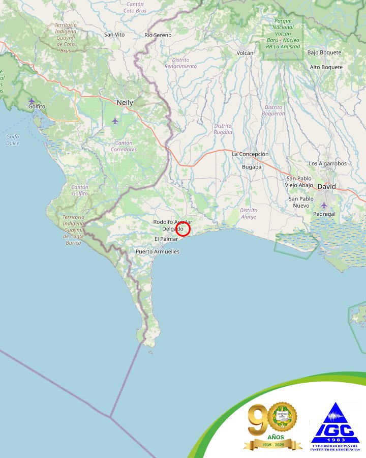 El Instituto de Geociencias de la Universidad de Panamá,
Reporta el siguiente evento:
Estado: REVISADO
Fecha: 2025-06-05
Hora: 12:32:36AM hora local
Magnitud: 3.5
Profundidad: 13km
Localizado en Región fronteriza de Panamá-Costa Rica a 9km al noreste de Puerto Armuelles