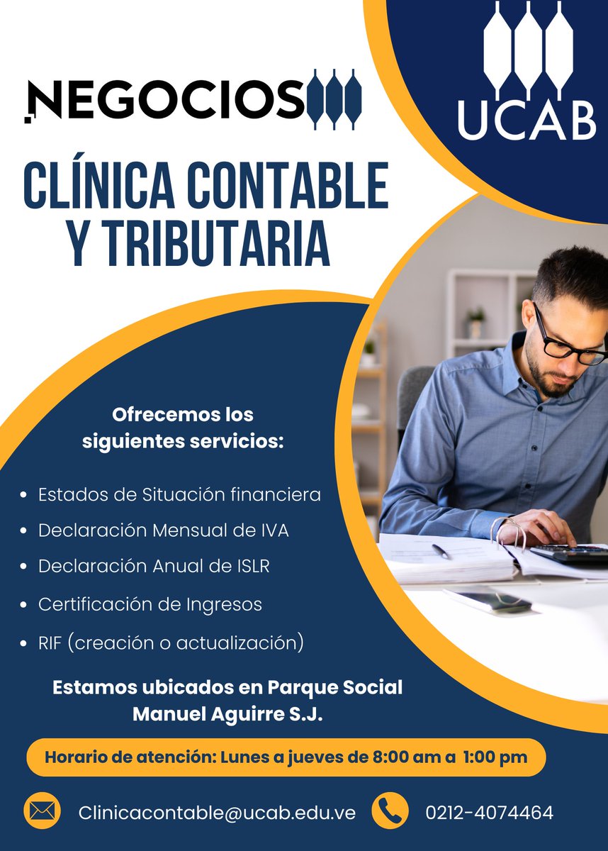 Nuestra Clínica Contable y Tributaria ofrece los siguientes servicios:  
📊 Declaración Mensual de IVA 
📷 Estados de situación Financiera 
📷 RIF (creación o actualización) 
 ¡Simplifica tus procesos con nosotros!    📷 📑
#ucab #clínicacontable #negocios