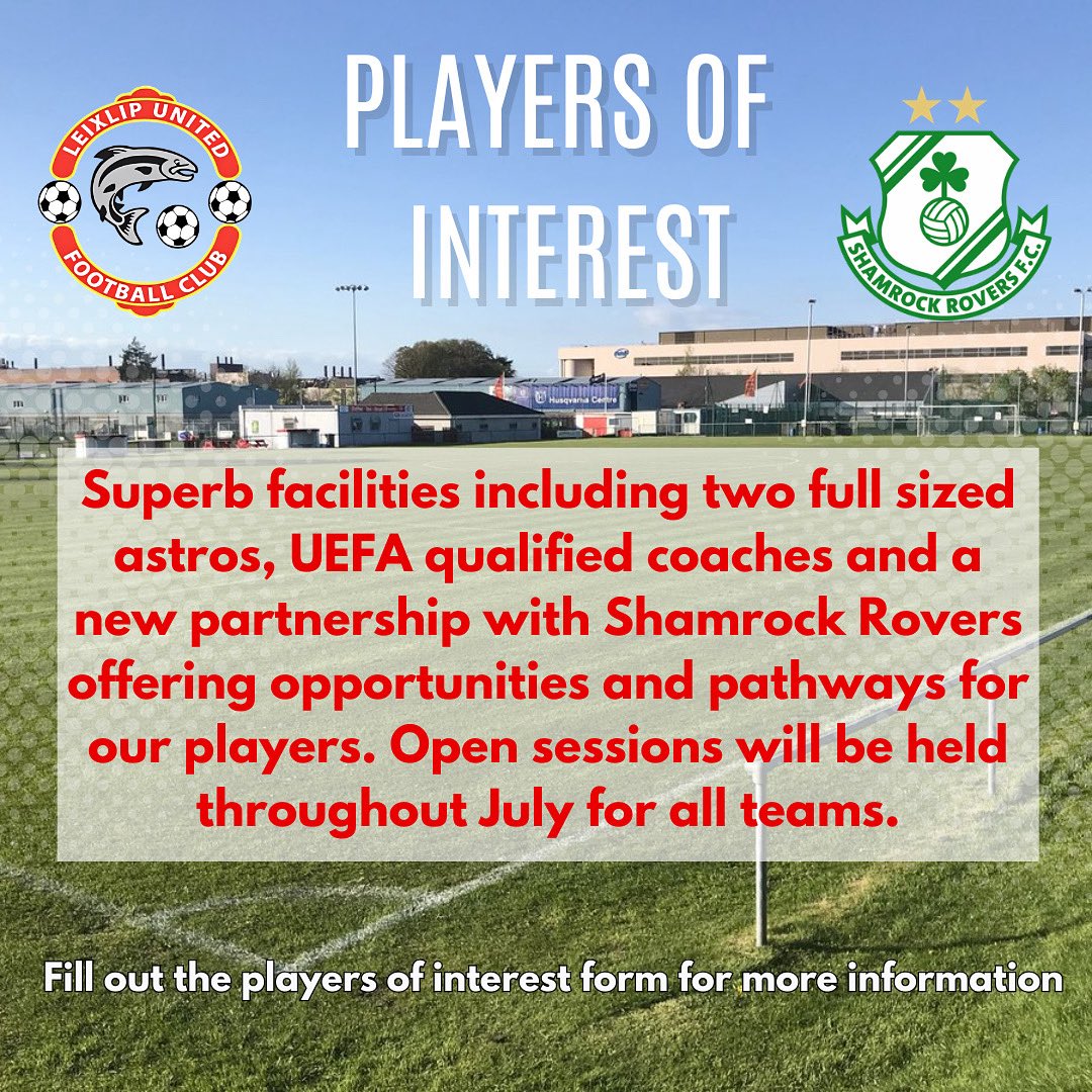 Players of interest form is now open ⚽️

We have 2 full sized astros, great facilities, UEFA qualified coaches and a new partnership with Shamrock Rovers. Open sessions for all teams will be in July. Register now with this link docs.google.com/forms/d/e/1FAI… 

🔴⚪️

#leixlipunited