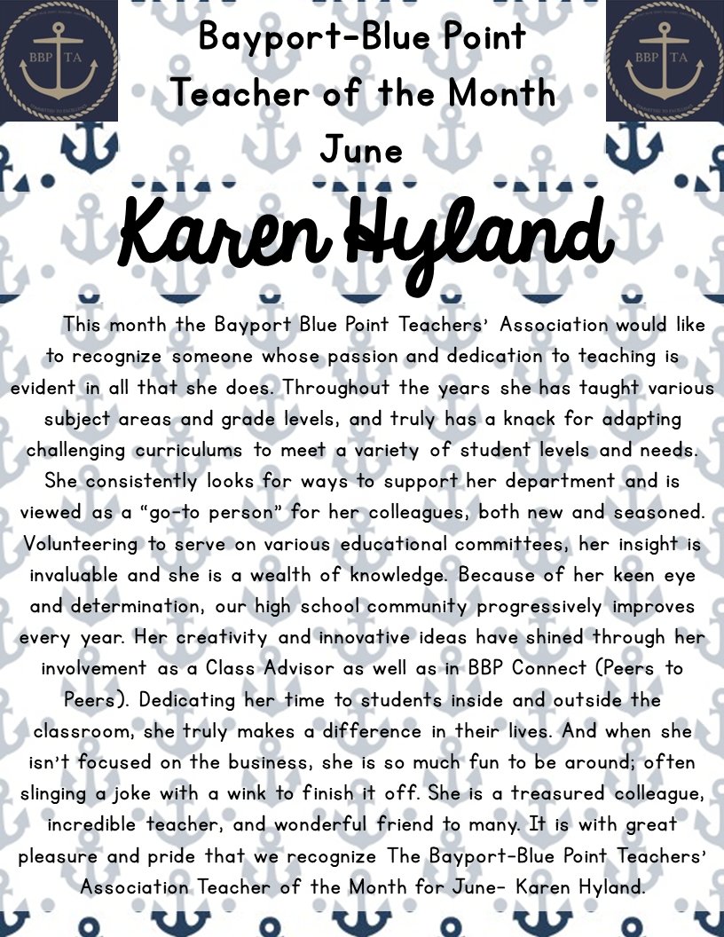 Bayport-Blue Point (@bbpschools) on Twitter photo Congratulations to the BBP Teachers' Union #TeacherOfTheMonth for June 2025, Ms. Hyland!
#BBP #thankateacher #belongbelievepossible <a href="/eibbpta/">Bayport-Blue Point Teacher's Association</a> Congratulations to the BBP Teachers' Union #TeacherOfTheMonth for June 2025, Ms. Hyland!
#BBP #thankateacher #belongbelievepossible <a href="/eibbpta/">Bayport-Blue Point Teacher's Association</a>