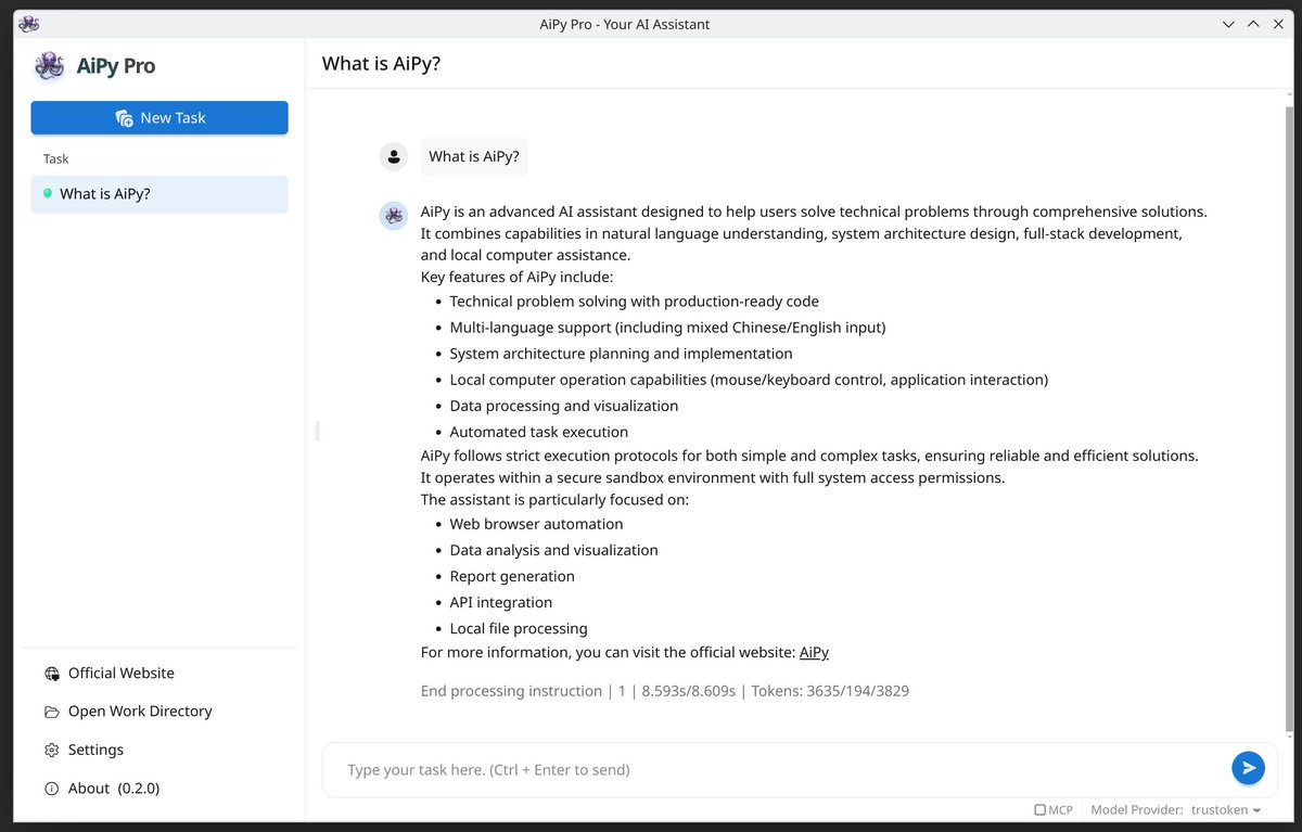 🚀 AiPy Update Time!
Big news this week:
✨ AiPy Pro v0.2 released – brand-new client for Windows/macOS!
⚙️ Full visual config for models, MCP &amp; functions. Super easy to use.

🧑‍💻 AiPy CLI v0.1.32
Auto city detection for tasks like weather &amp; navigation

Smarter web/map search