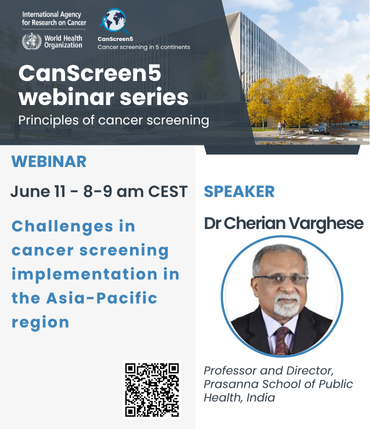 IARCWHO's tweet photo. Join our #CanScreen5 webinar series - principles of #cancer #screening.
On Wednesday 11 June, 8-9am CEST, Dr Cherian Varghese leads the 2nd event on challenges in #CancerScreening implementation in the #AsiaPacific region.
#CervicalCancerElimination
https://t.co/OVX17qZcY8
@WHO https://t.co/IJaCjvYmOA