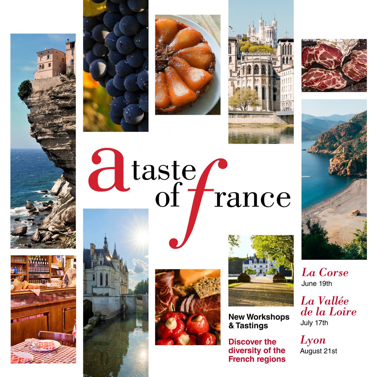 Discover a different #French region and #taste local products every 3rd Thursday of the month this Summer with « A Taste of France » ! 🍷🍲🥖🍰
June: Corse / July: Vallée de la Loire / August: Lyon
Places are limited! 👉 bit.ly/44Lg7aw