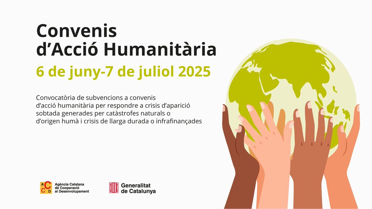 📣Atenció, entitats! Aquesta setmana es publica la convocatòria d'Acció Humanitària per respondre a crisis d'aparició sobtada i crisis de llarga durada o infrafinançades.
📅El termini de presentació acaba el 7/7.
ℹ️Bases, convocatòria i material de suport
cooperaciocatalana.gencat.cat/accio-humanita…