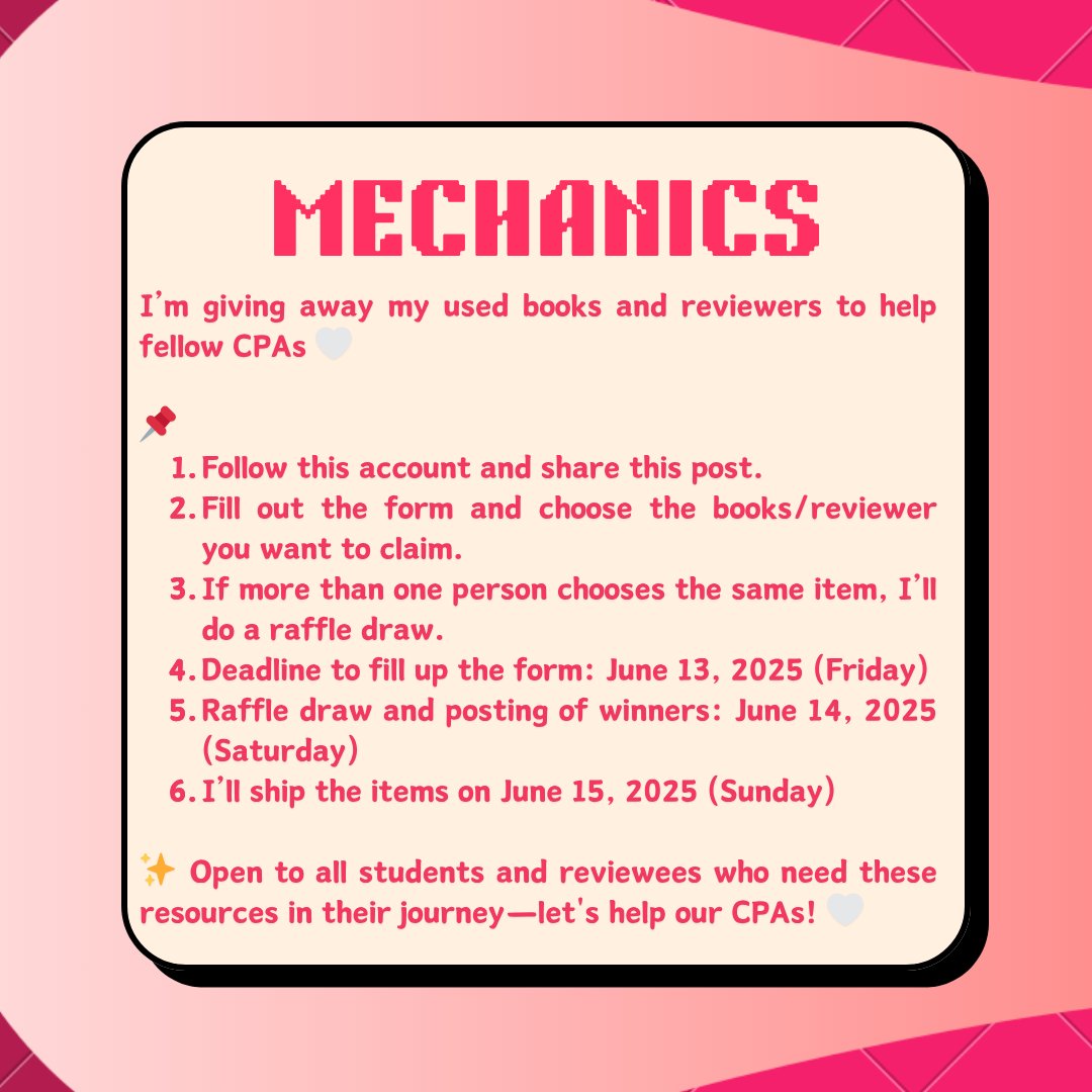 CLAIM WHAT YOU NEED! 📚

I'm giving away my books &amp; reviewers to help our future CPAs! 🌸🤍

📌 Deadline to submit: June 13, 2025 (Friday)
🎟 Raffle draw: June 14, 2025 (Saturday)
📦 Shipping: June 15, 2025 (Sunday)

👇 Fill out the form here: forms.gle/paoEaEppRizbVh…