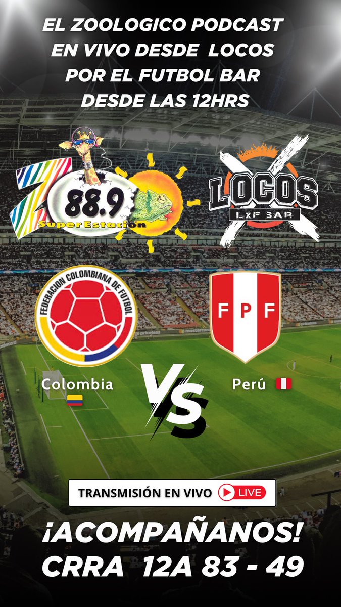 🎙️ Hoy grabamos EN VIVO #ElZoológicoPodcast 🐒 
📍 Locos por el Fútbol Bar (Cra 12A #83-49) 
🕛 Desde las 12 del mediodía
¡Todos bienvenidos a acompañarnos en la transmisión! 🐾🎧 <a href="/rayoenorbita/">Deysa Rayo</a> <a href="/capircn/">Hernando Romero B.</a> <a href="/andresmarocco/">Andres Marocco</a> <a href="/FerPava88/">Fernando Pava C.</a>