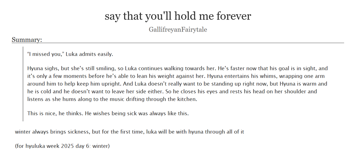 zukkaoru's tweet photo. written for @hyulukaweek #hyulukaweek day 6: winter

- 2.3k words | rated g
- modern au
- sickfic
- established relationship

https://t.co/qVNKiDUx0M

[ #hyuluka #alienstage #alnst #alnsthyuna #alnstluka ] https://t.co/wGpm3HkQSe