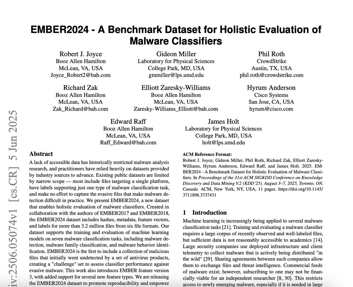 A new EMBER malware benchmark has been released, with new datasets and 14 baseline LightGBM models. It’s one of the best open-source resources for malware classification and adversarial-testing experiments.