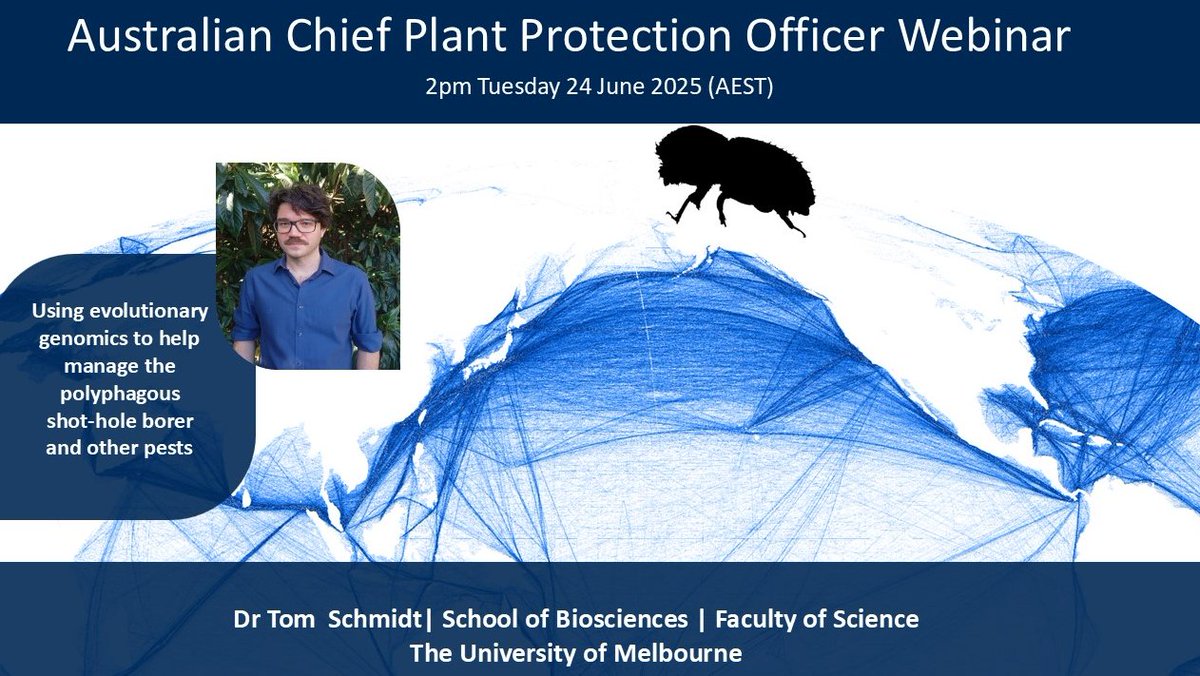 Euphresco network (@euphresco) on Twitter photo 📢 Join the upcoming #webinar with Australia’s Chief Plant Protection Officer🇦🇺🌱
‘Using evolutionary genomics to manage the Polyphagous shot-hole borer and other pests’ 🧬🔬
🗓️ 24 June 2025
🕑 2:00 PM AEST
🎙️ Dr Tom Schmidt from <a href="/UniMelb/">University of Melbourne</a>
#PlantHealth #ACPPO 📢 Join the upcoming #webinar with Australia’s Chief Plant Protection Officer🇦🇺🌱
‘Using evolutionary genomics to manage the Polyphagous shot-hole borer and other pests’ 🧬🔬
🗓️ 24 June 2025
🕑 2:00 PM AEST
🎙️ Dr Tom Schmidt from <a href="/UniMelb/">University of Melbourne</a>
#PlantHealth #ACPPO