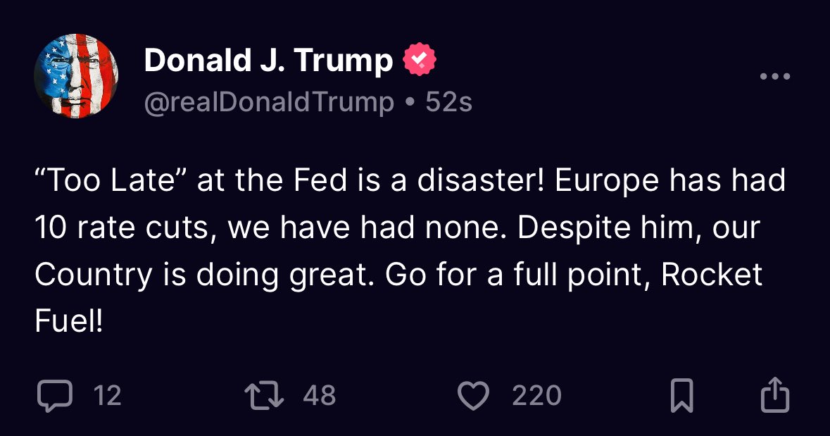 🚨 BREAKING: "Trump chiede un 'carburante razzo': taglio dei tassi di interesse della Fed di 100 punti base"