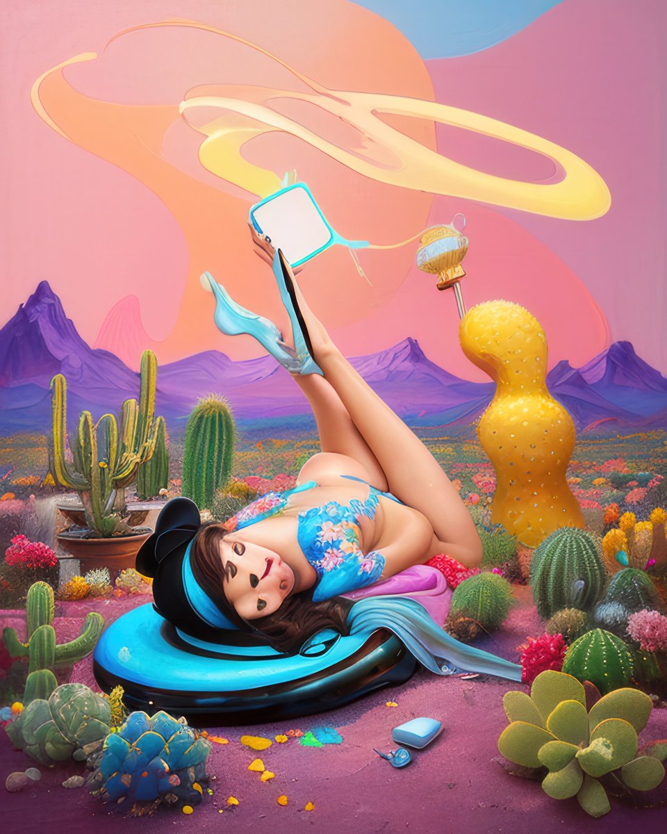 "Cloud Cover" from my "Borderlands" series in VIRTUALLY YOURS with <a href="/_second_guess/">The Second-Guess</a> on <a href="/objktcom/">objkt.com</a>.

A fantastical, abstract portrait—half avatar, half mirage. I imagined this figure lounging in a desert dream, surrounded by cartoon cacti and soft tech relics, while the sky loops