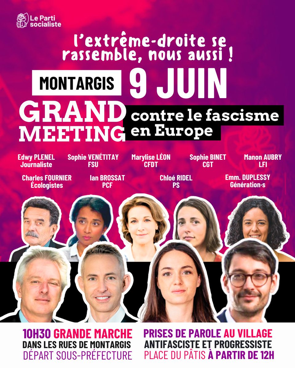 Parti socialiste (@partisocialiste) on Twitter photo Les leaders d’extrême droite de toute l’Europe se rassemblent à Montargis. Alors nous aussi !
Militants associatifs, syndicalistes, journalistes & élus appellent à venir faire bloc contre le fascisme en Europe.
RDV lundi 9 juin à 10h30 avec <a href="/ChloeRidel/">Chloé Ridel</a> <a href="/fbonneau/">François Bonneau</a> <a href="/C_Chaillou/">Christophe Chaillou</a> ! Les leaders d’extrême droite de toute l’Europe se rassemblent à Montargis. Alors nous aussi !
Militants associatifs, syndicalistes, journalistes & élus appellent à venir faire bloc contre le fascisme en Europe.
RDV lundi 9 juin à 10h30 avec <a href="/ChloeRidel/">Chloé Ridel</a> <a href="/fbonneau/">François Bonneau</a> <a href="/C_Chaillou/">Christophe Chaillou</a> !