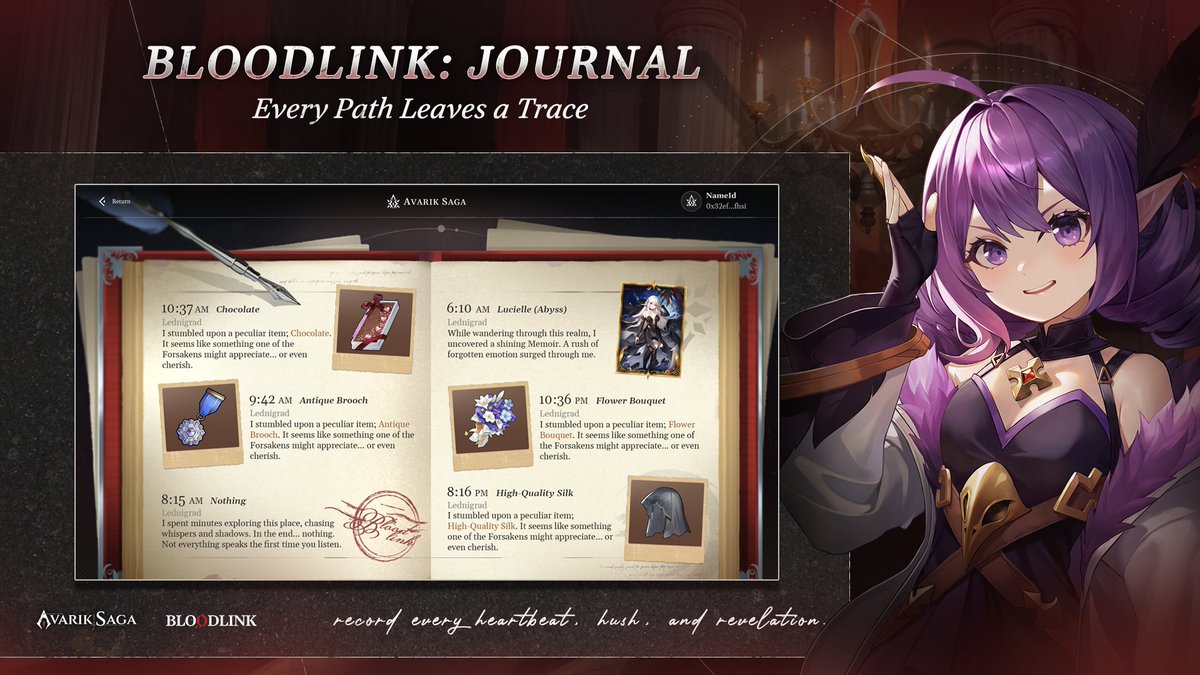 🩸 Introducing Bloodlink: Journal – your personal record of memories, encounters, and the whispers left behind.

Whether it's an unexpected meeting, a mysterious gift, or a haunting silence… your journey will never go unremembered.

How will your story unfold?