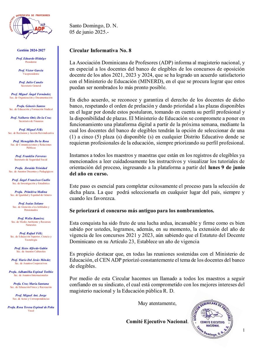 Atención❗
<a href="/NuestraADP/">ADP</a> informa al magisterio nacional, y en especial a los docentes del banco de elegibles de los concursos de oposición de los años 2021, 2023 y 2024 que se ha logrado un acuerdo satisfactorio con <a href="/EducacionRDo/">Ministerio Educación RD</a> en procura de sus nombramientos