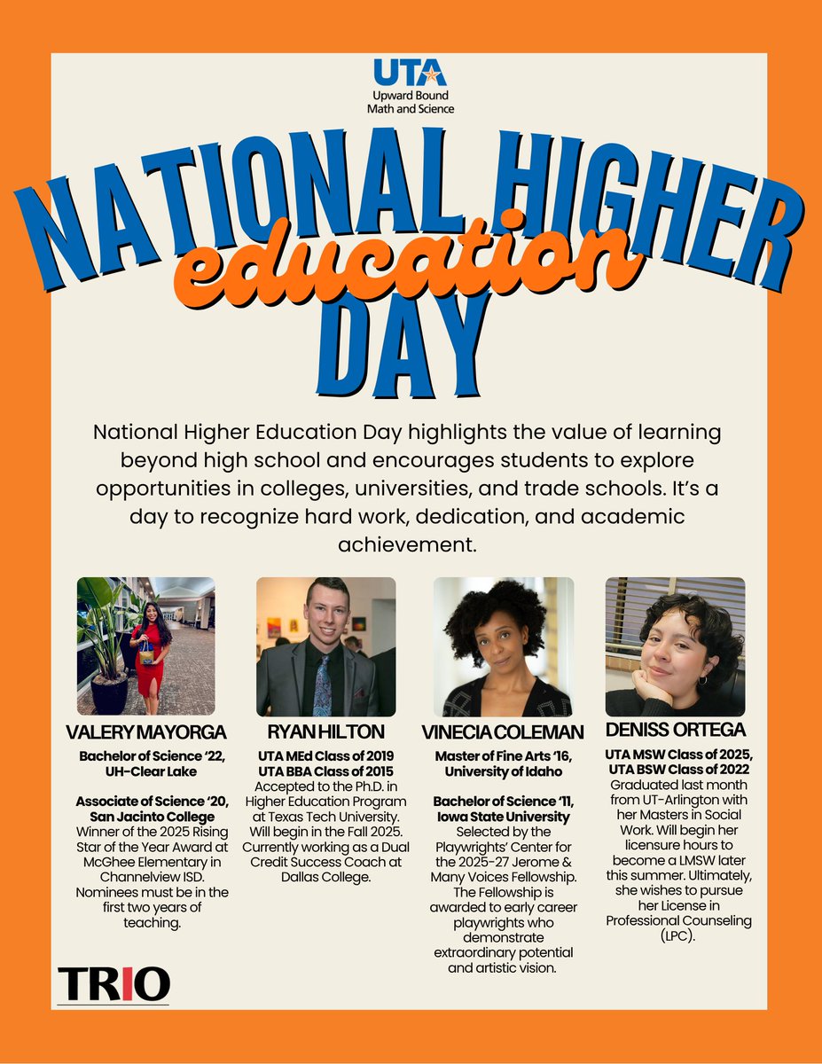 As we celebrate #NationalHigherEducationDay, TRIO Upward Bound Math &amp; Science at <a href="/UTArlington/">The University of Texas at Arlington</a> would like to celebrate our 500+ alum who have gone onto higher education &amp; completed #TRIOworks #ProtectTRIO

<a href="/texastrioassoc/">Texas TRIO Association</a>, <a href="/SWASAPTRiO/">SWASAP</a>, <a href="/COETalk/">Council for Opportunity in Education</a>