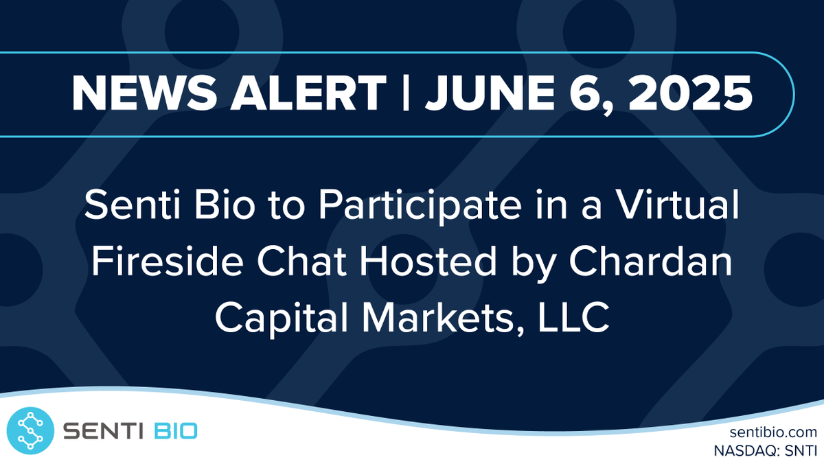 Senti Biosciences (@sentibio) on Twitter photo Senti Bio to Participate in a Virtual Fireside Chat Hosted by Chardan Capital Markets, LLC on Monday, June 9th at 3:00 PM ET
bit.ly/3T9S7sH 
$SNTI #CellTherapy #CARNK #AML #AcuteMyeloidLeukemia Senti Bio to Participate in a Virtual Fireside Chat Hosted by Chardan Capital Markets, LLC on Monday, June 9th at 3:00 PM ET
bit.ly/3T9S7sH 
$SNTI #CellTherapy #CARNK #AML #AcuteMyeloidLeukemia
