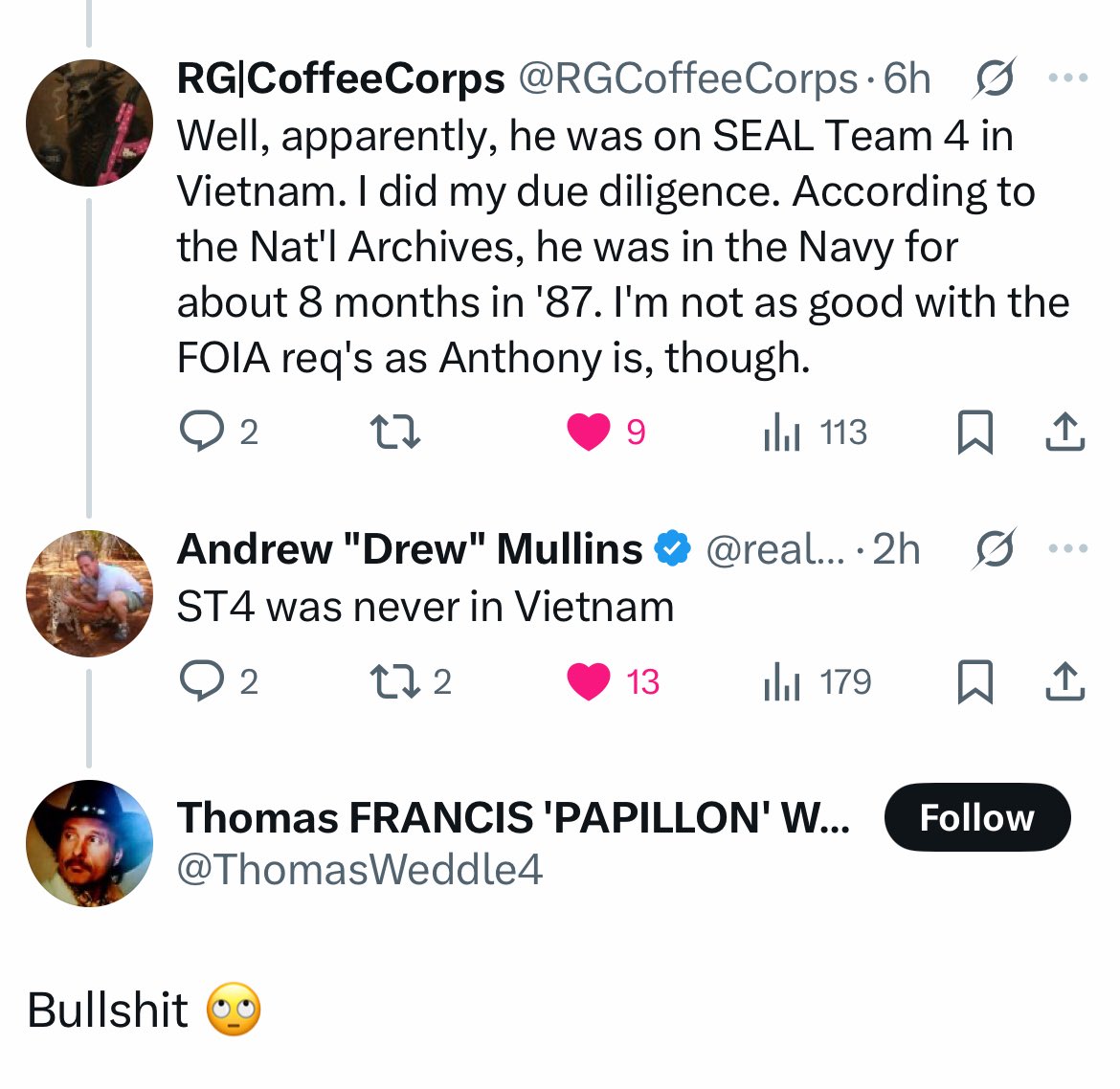 BrainLeakage03's tweet photo. If you need a break from the politics, hereโs a fake SEAL trying to call โbullshitโ on an actual SEAL. https://t.co/5gSGL0ikFr