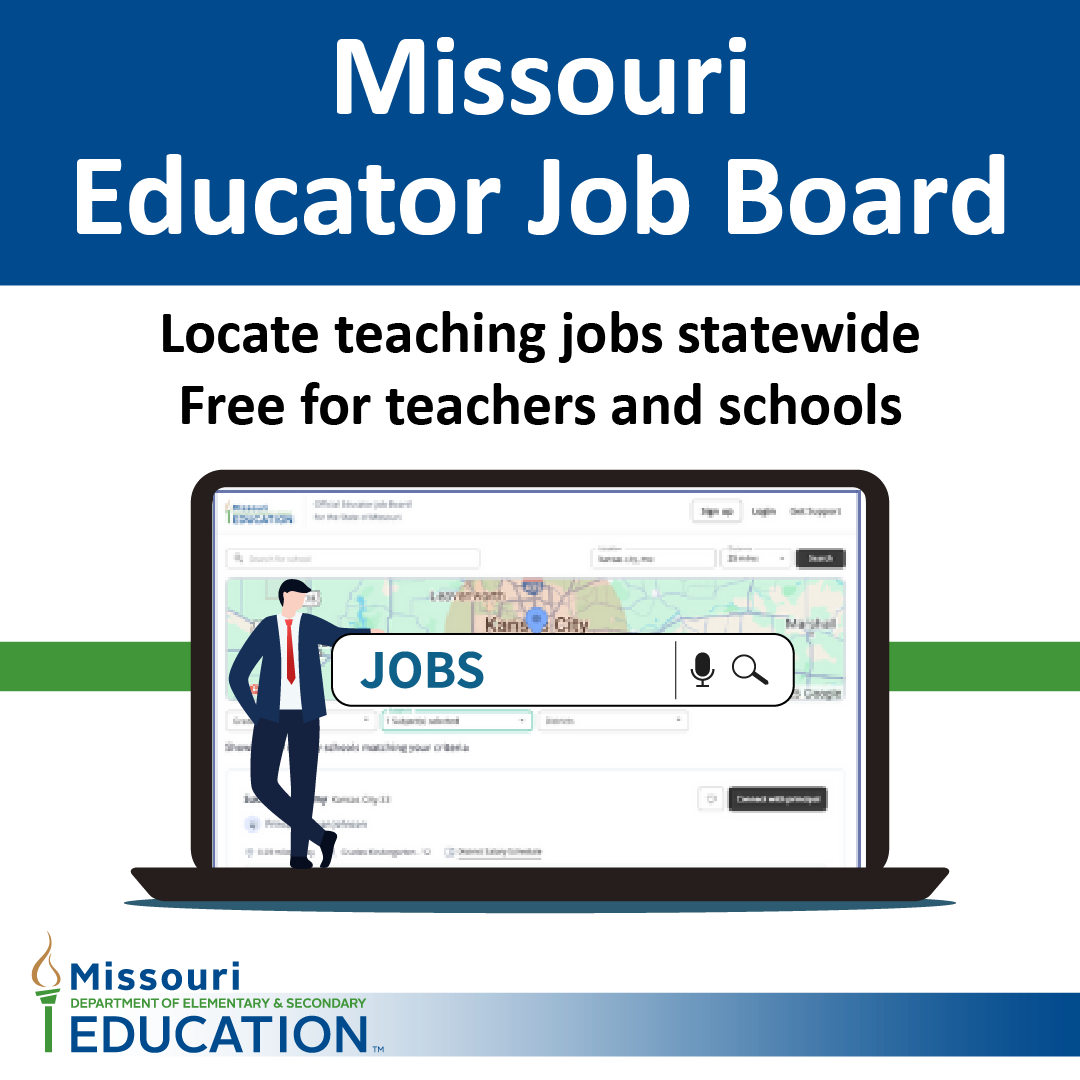 DESE is excited to introduce the first-ever Missouri Educator Job Board! An interested candidate looking for a teaching job may search by type of teaching position, by location of school, and even by type of school anywhere in the state. Check it out: app.hirenimble.com/connect/missou….