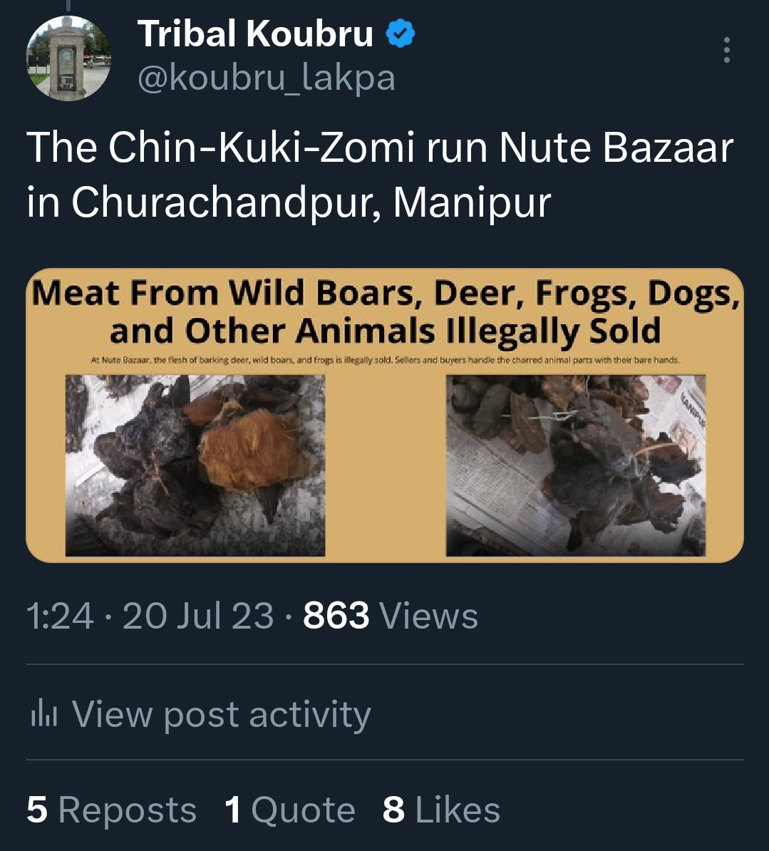 Why do Kuki narco terrorists mercilessly destroy the flora and fauna in Manipur by planting poppy and indulging in wildlife trade?

- Because they don't have love for the land as it never belonged to them.

A community who is alien to the land it is currently living won't feel