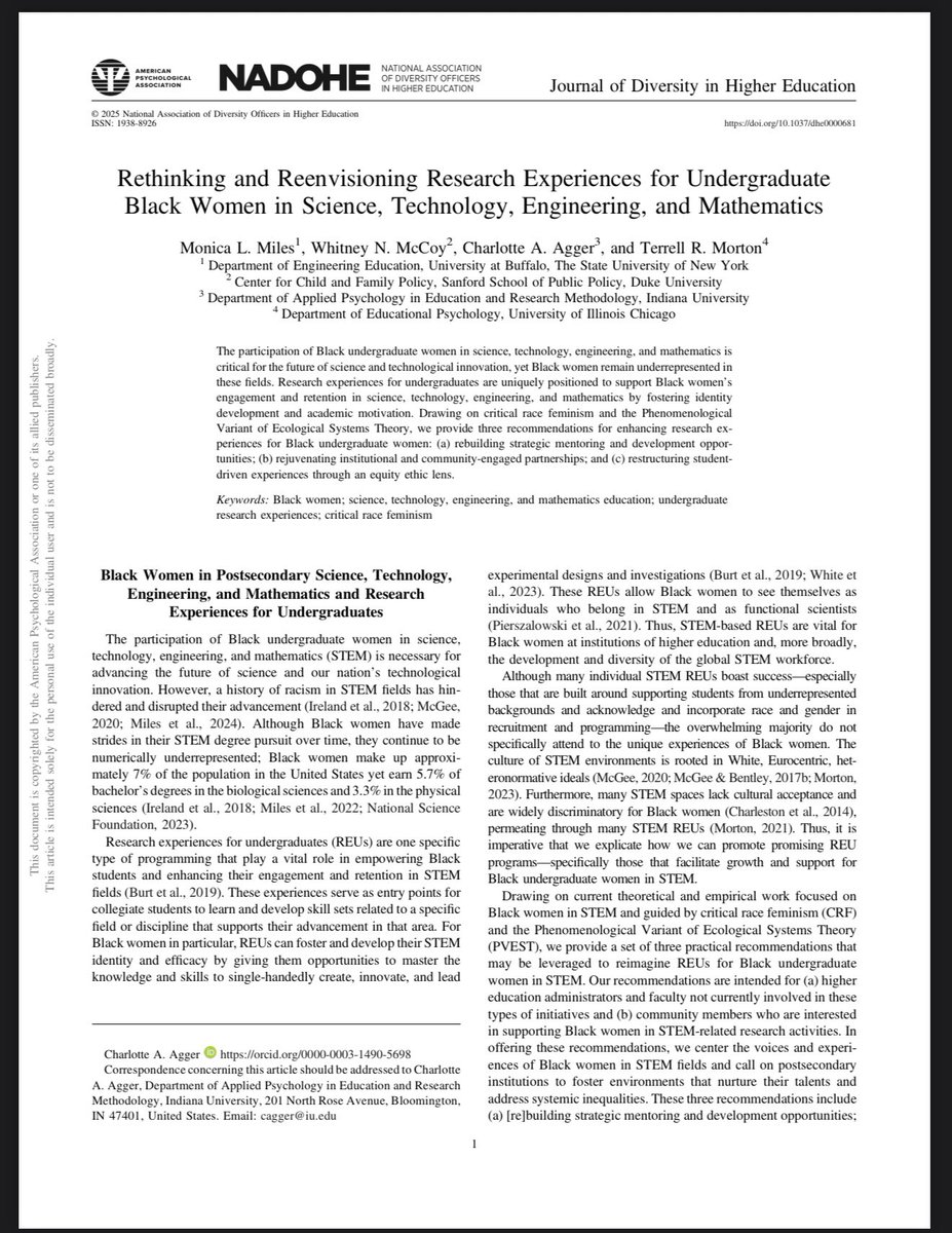 Terrell Morton, PhD (@drtrmorton) on Twitter photo New Publication 🚨
I am happy to share “Rethinking and Reenvisioning Research Experiences for Undergraduate Black Women in STEM”
Published in #JDHE
Shout out to <a href="/dr_milez/">Monica Miles</a> <a href="/DrWhitneyMcCoy/">Whitney N. McCoy, PhD 💗</a> #CharlotteAgger
Link: psycnet.apa.org/record/2026-21… New Publication 🚨
I am happy to share “Rethinking and Reenvisioning Research Experiences for Undergraduate Black Women in STEM”
Published in #JDHE
Shout out to <a href="/dr_milez/">Monica Miles</a> <a href="/DrWhitneyMcCoy/">Whitney N. McCoy, PhD 💗</a> #CharlotteAgger
Link: psycnet.apa.org/record/2026-21…