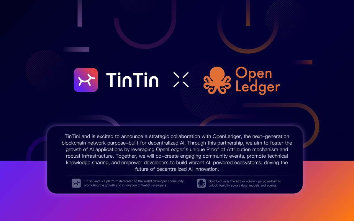 ๐พ๐๐๐๐๐ (@woryin_crypto) on Twitter photo Big moves in the AI x Web3 space.
The great <a href="/OpenledgerHQ/">Openledger</a> is officially partnering with @TinTinLand, and this is huge for developers, builders, and anyone betting on the future of decentralized AI.
Why does this matter?
- TinTinLand is known for empowering Web3 developers, Big moves in the AI x Web3 space.
The great <a href="/OpenledgerHQ/">Openledger</a> is officially partnering with @TinTinLand, and this is huge for developers, builders, and anyone betting on the future of decentralized AI.
Why does this matter?
- TinTinLand is known for empowering Web3 developers,