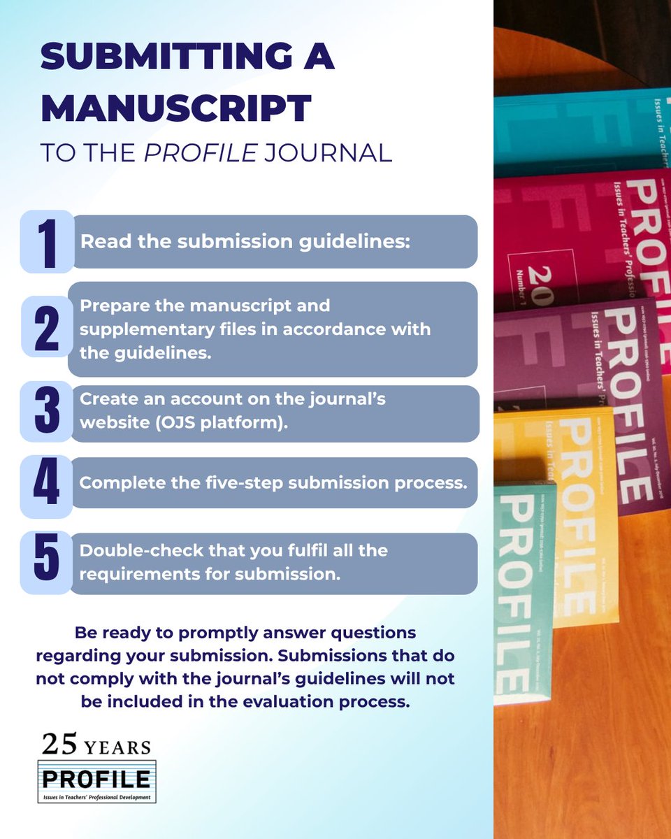 Five steps to submit your manuscript to Profile Journal via the OJS platform:
📄 Follow the official submission guidelines:
👉 revistas.unal.edu.co/index.php/prof…