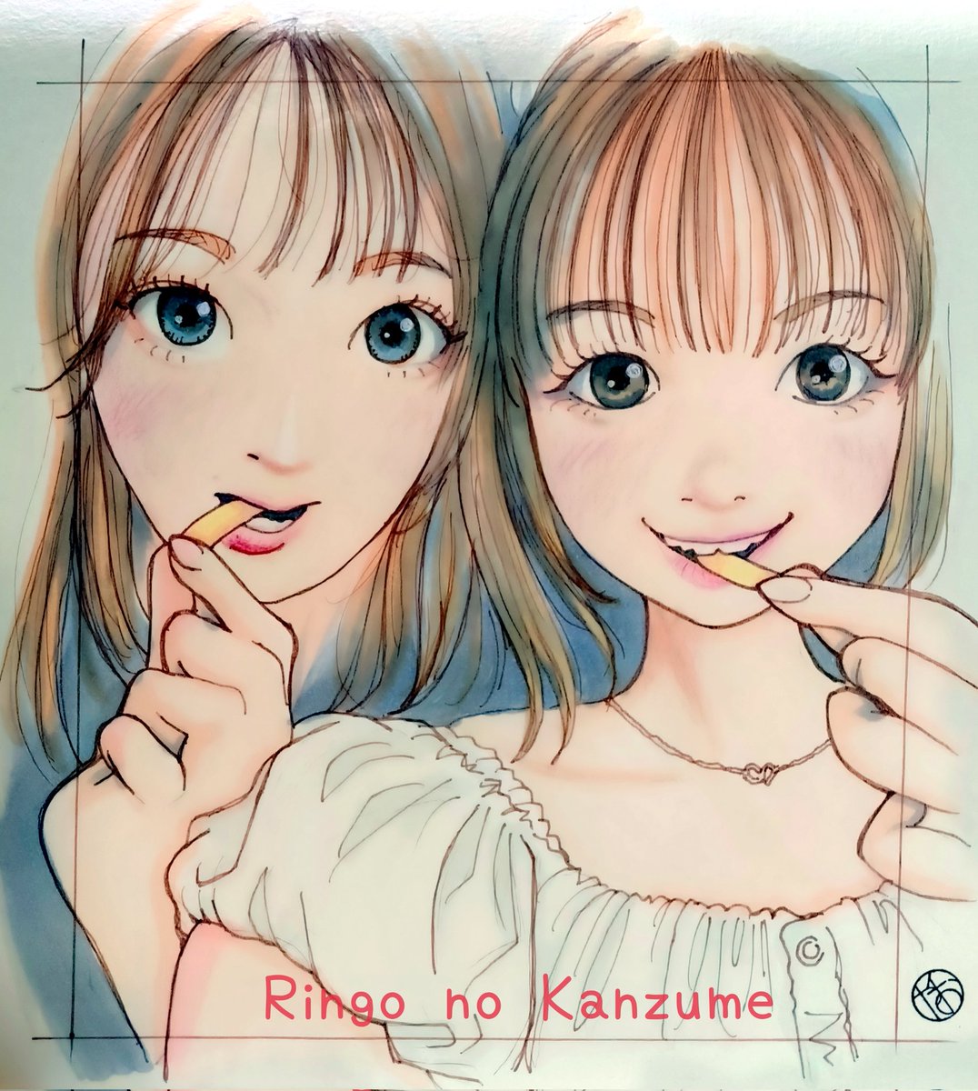 ohyasan1965's tweet image. 🍎りんごの缶詰🥫
💚#森朱里🩵#佐藤栞奈
#Lucky2 #ファンアート 
#アナログイラスト #似顔絵 
#お絵描き #落書き