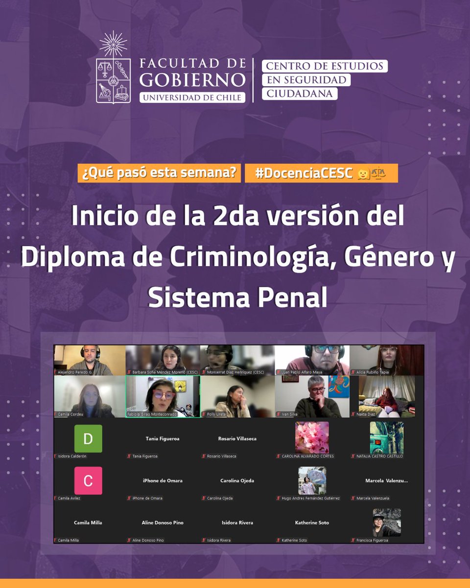 CESC_UChile's tweet image. ¡Amplía tus horizontes analíticos con el CESC!

Iniciamos el Diploma en Criminología, Género y Sistema Penal con gran asistencia del ecosistema penal.

La Dra. Fabiola Girao expuso sobre género y justicia ⚖️

¡Aún puedes postular! 📩 docenciacesc@gobierno.uchile.cl
#DocenciaCESC