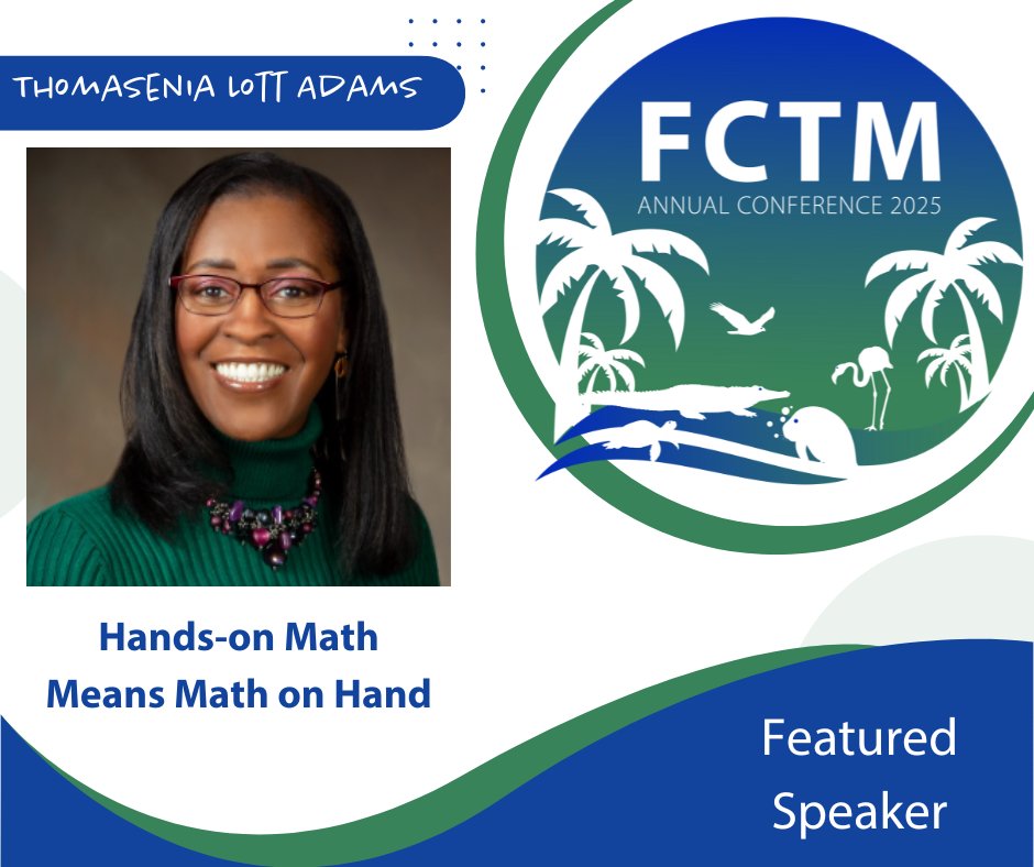 FCTMath's tweet image. ⏳ FCTM Conference starts in 4 days!

🎤 Featured Speaker: Thomasenia Lott Adams
 Hands-on Math Means Math on Hand
Experience how hands-on learning deepens understanding and brings joy to math!
#FCTM2025 #HandsOnMath #JoyfulMath #MathEducation