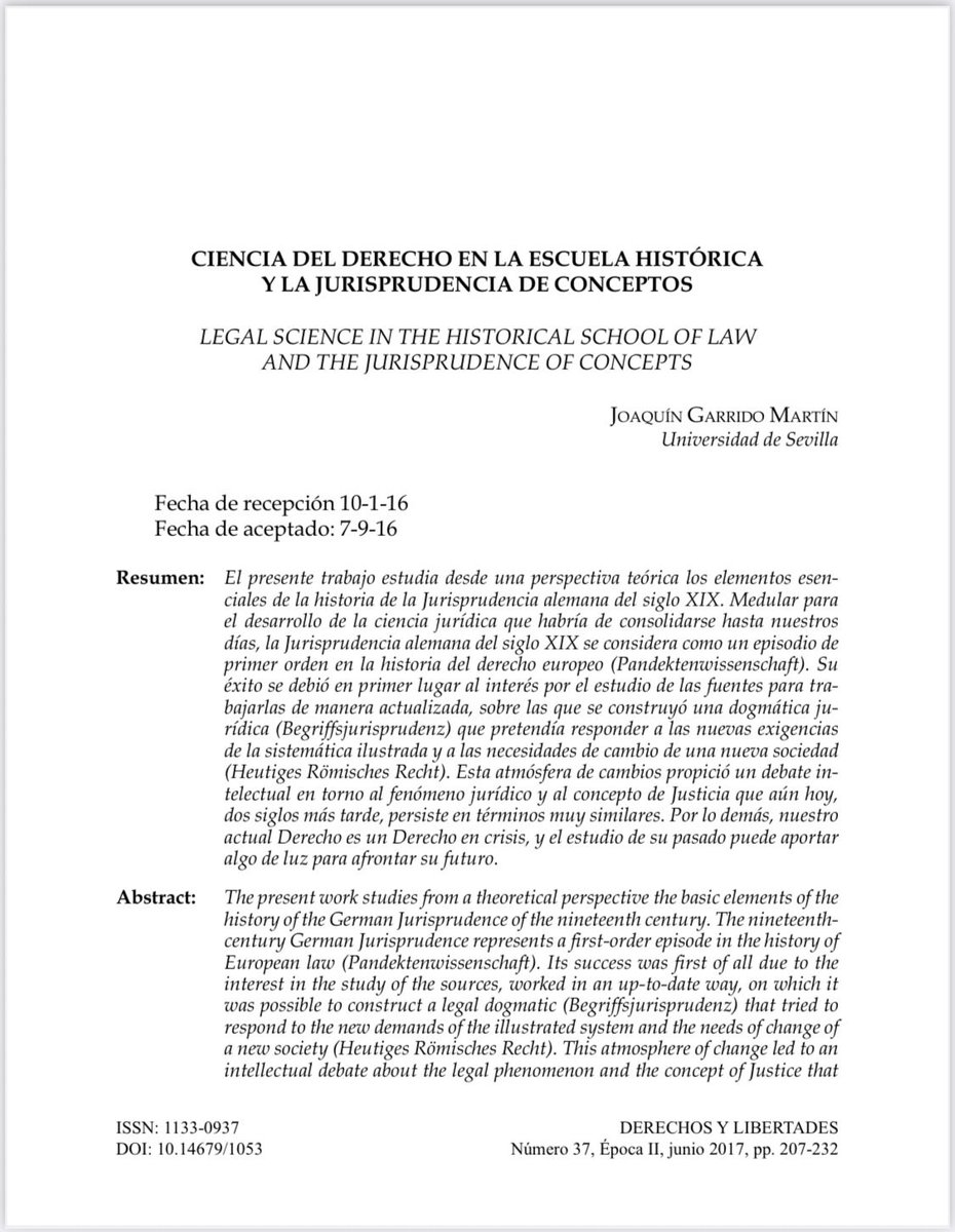 📘 #RevistaDerechosyLibertades Nº 37 (2017) <a href="/idhbc_uc3m/">Derechos Humanos (IDHPB)</a> <a href="/uc3m/">UC3M</a> <a href="/dykinsonlibros/">Librería - Editorial Dykinson 📚</a>

📣 Hoy en la sección #Artículos ✍🏼 “Ciencia del Derecho en la escuela histórica y la jurisprudencia de conceptos” de #JoaquínGarridoMartín

⬇️ ¡Léelo aquí! ⬇️ #OpenAccess
🔗 hdl.handle.net/10016/27156