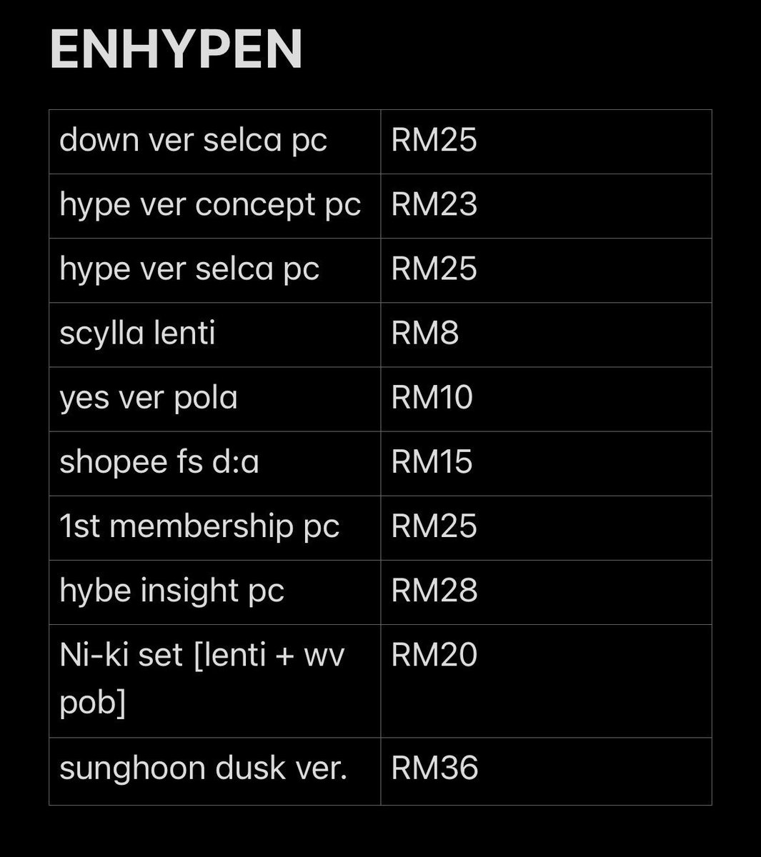 WTS ENHYPEN PHOTOCARD 

- buy bulk can nego price
⁃refer on the price list [ excl postage]
⁃postage : RM9 WM RM13 EM
⁃can dm for more vid or pic

#pasarenhypen #pasarENHYPENmy