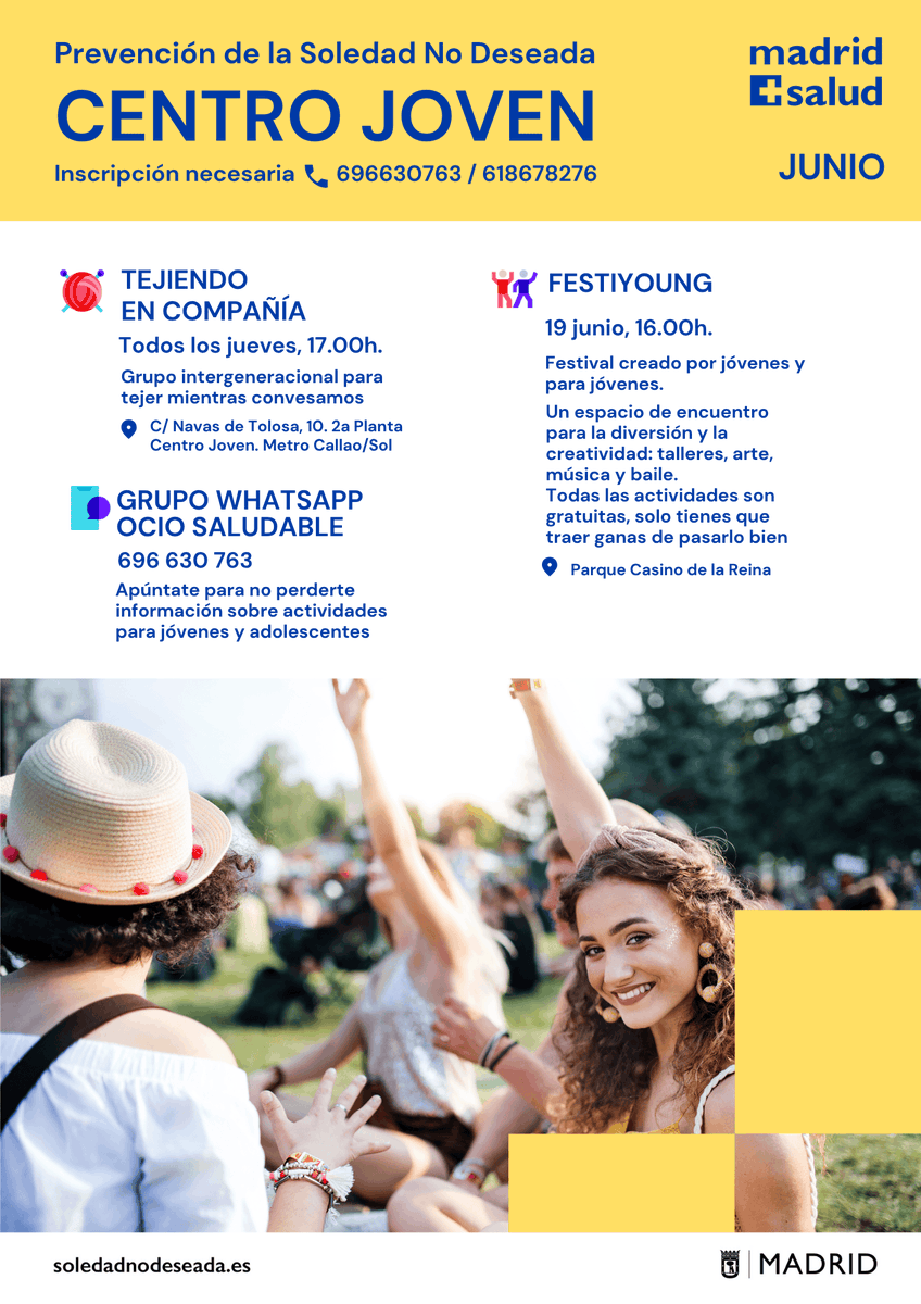 JMD Barajas (@jmdbarajas) on Twitter photo 🗣 Consulta las actividades para jóvenes para combatir la #soledadnodeseada durante este mes organizadas por <a href="/madridsalud/">Madrid Salud. Ayuntamiento de Madrid</a>
🧶Tejiendo en compañía
🕺 Festiyoung
🗣 Grupo Whatsapp ocio saludable
🎟 Necesaria inscripción previa
Toda la información en 👇
soledadnodeseada.es 🗣 Consulta las actividades para jóvenes para combatir la #soledadnodeseada durante este mes organizadas por <a href="/madridsalud/">Madrid Salud. Ayuntamiento de Madrid</a>
🧶Tejiendo en compañía
🕺 Festiyoung
🗣 Grupo Whatsapp ocio saludable
🎟 Necesaria inscripción previa
Toda la información en 👇
soledadnodeseada.es