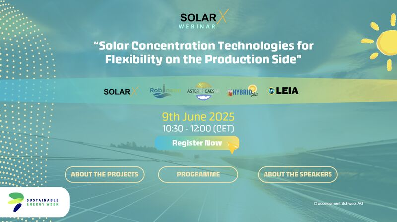 🔆 HYBRIDplus joins SOLARX EU’s webinar on June 9 (10:30–12:00) to discuss flexible solar concentration tech. 
Experts from five EU projects will discuss solar-based hybrid renewables. Cristina Prieto Rios will present eTES advances. 
👉Free registration: lnkd.in/dRySSVSV