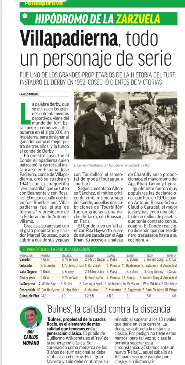 Hoy en <a href="/marca/">MARCA</a>, por <a href="/CarlosMoyanoE/">Carlos Moyano</a>:
🎩Villapadierna, todo un personaje de serie.
🏇Fue uno de los grandes propietarios de la historia del turf.
Instauró el Derby en 1952.
🥇Cosechó cientos de victorias.